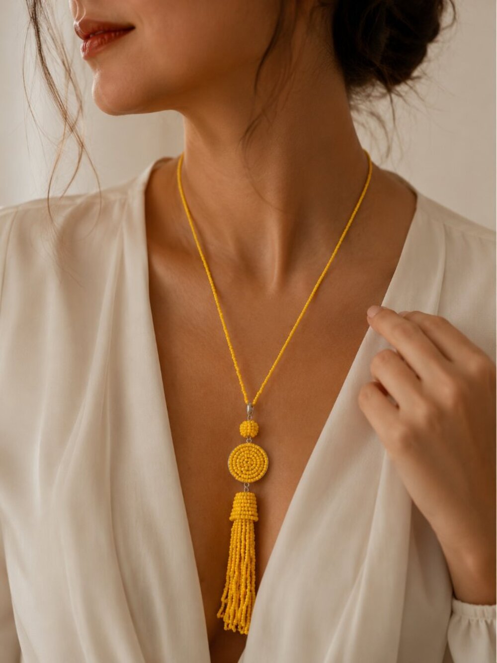 Artisan Seed Bead Tassel Statement Necklace Yellow 32" Resort Boho NEW